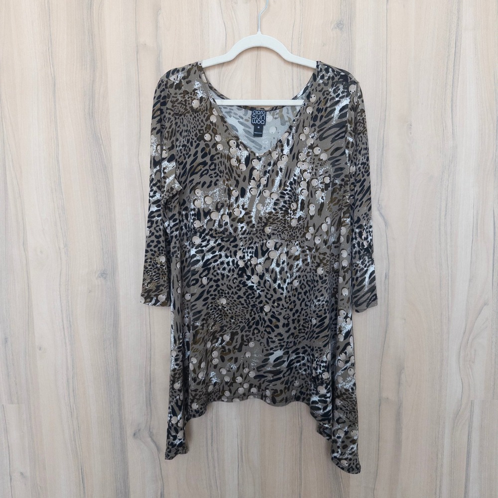 Clara Sunwoo Women Tunic Top Size M Brown Animal Print 3/4 Sleeve Mob Wife Artsy